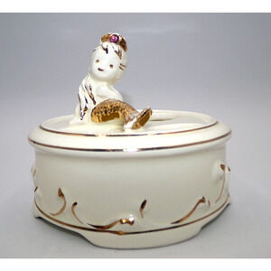 Vintage White ceramic Princess Mermaid Lipstick Holder Pink Rhinestone Crown